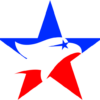 Logo featuring a bold red and blue star with an abstract white and black eagle head in the center, symbolizing strength, patriotism, and determination